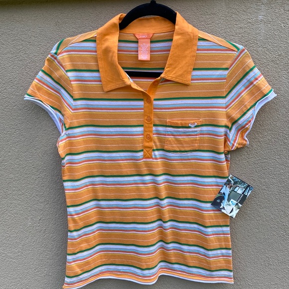 NWT Roxy 🔥 Orange Striped Polo Short Sleeve Shirt Sz XL - Picture 1 of 6